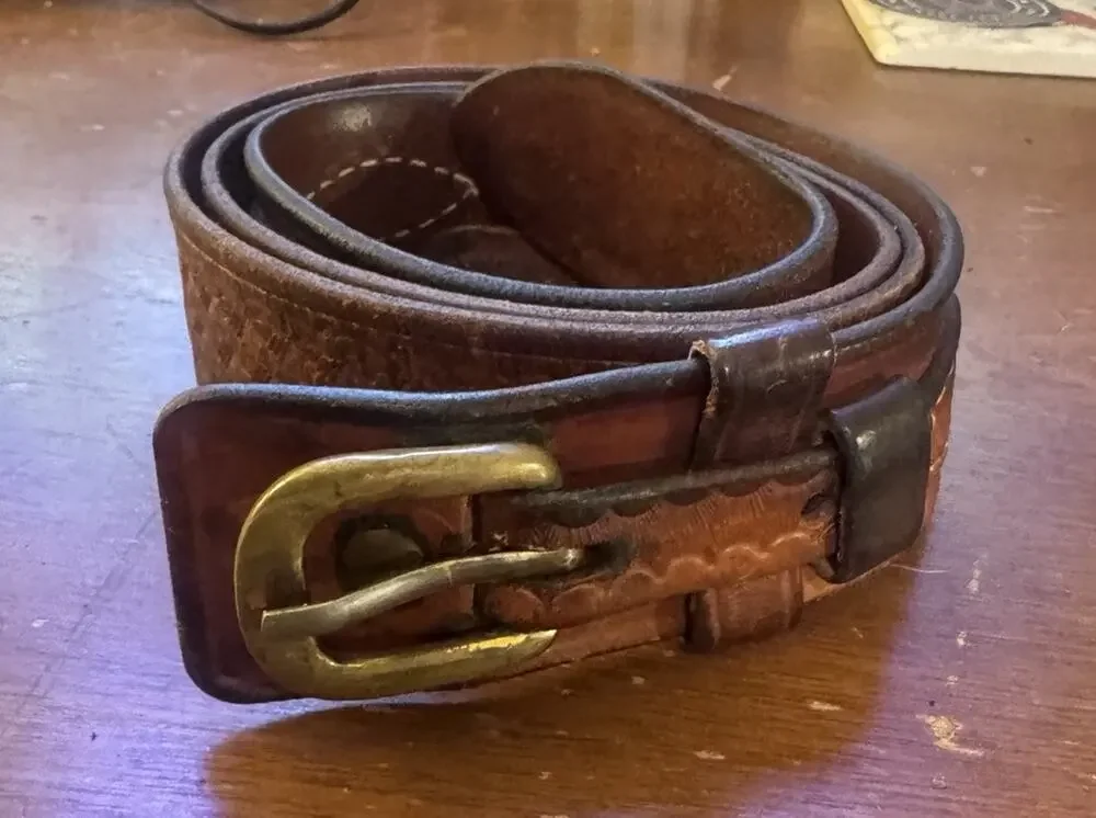 Vintage K Brand Tooled Leather Ranger Belt Stamped 40 Measures 44 Big & Tall